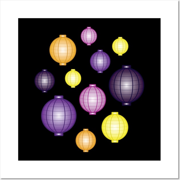 Lanterns | Mid Autumn Festival | Purple Orange Yellow | Black Wall Art by Wintre2